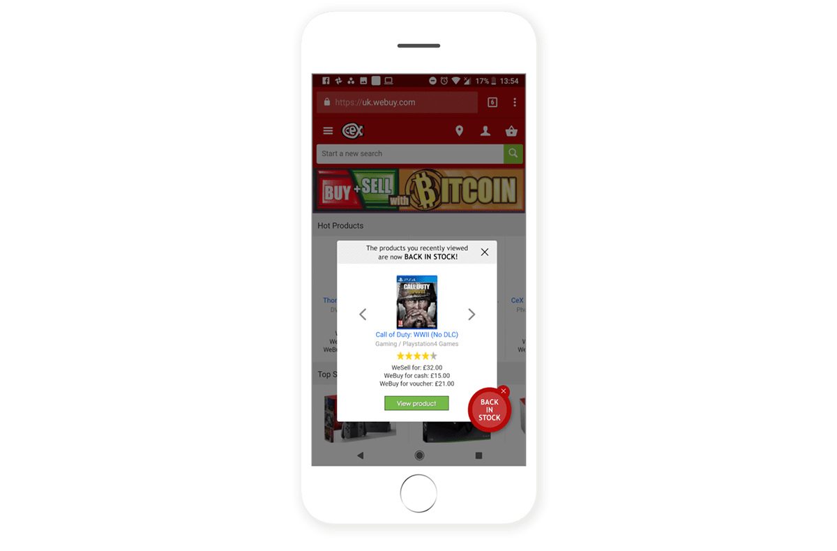 A screencapture of a mobile phone shows a Call of Duty game shown as back in stock