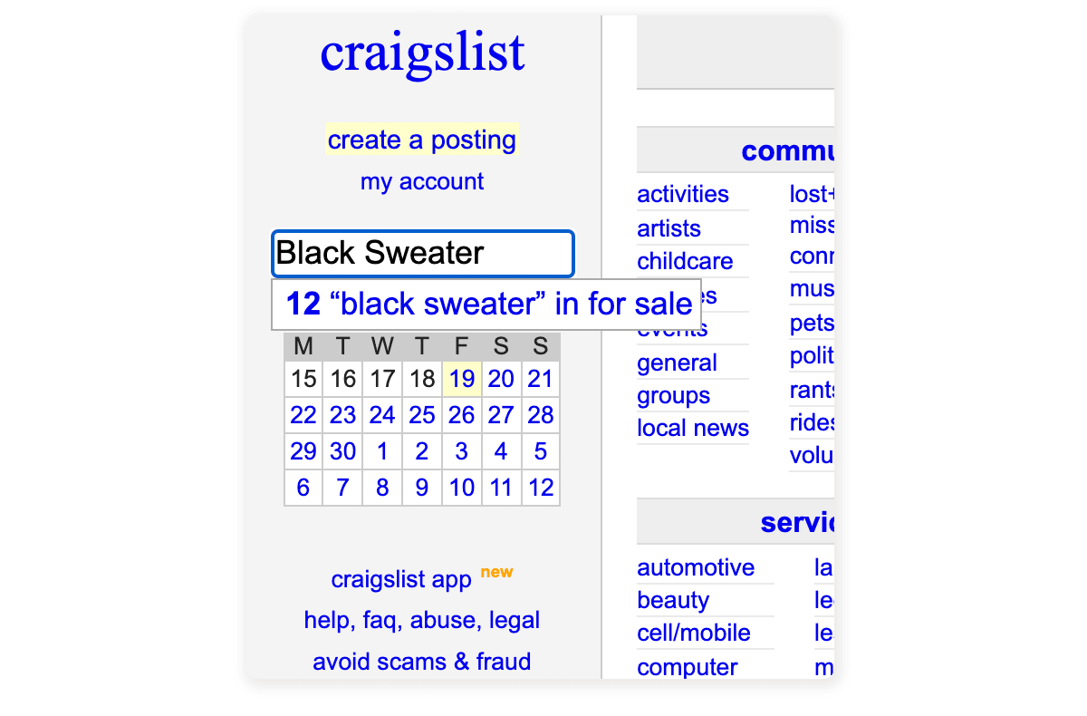 A screenshot shows how Craigslist displays the number of results in a drop-down bar