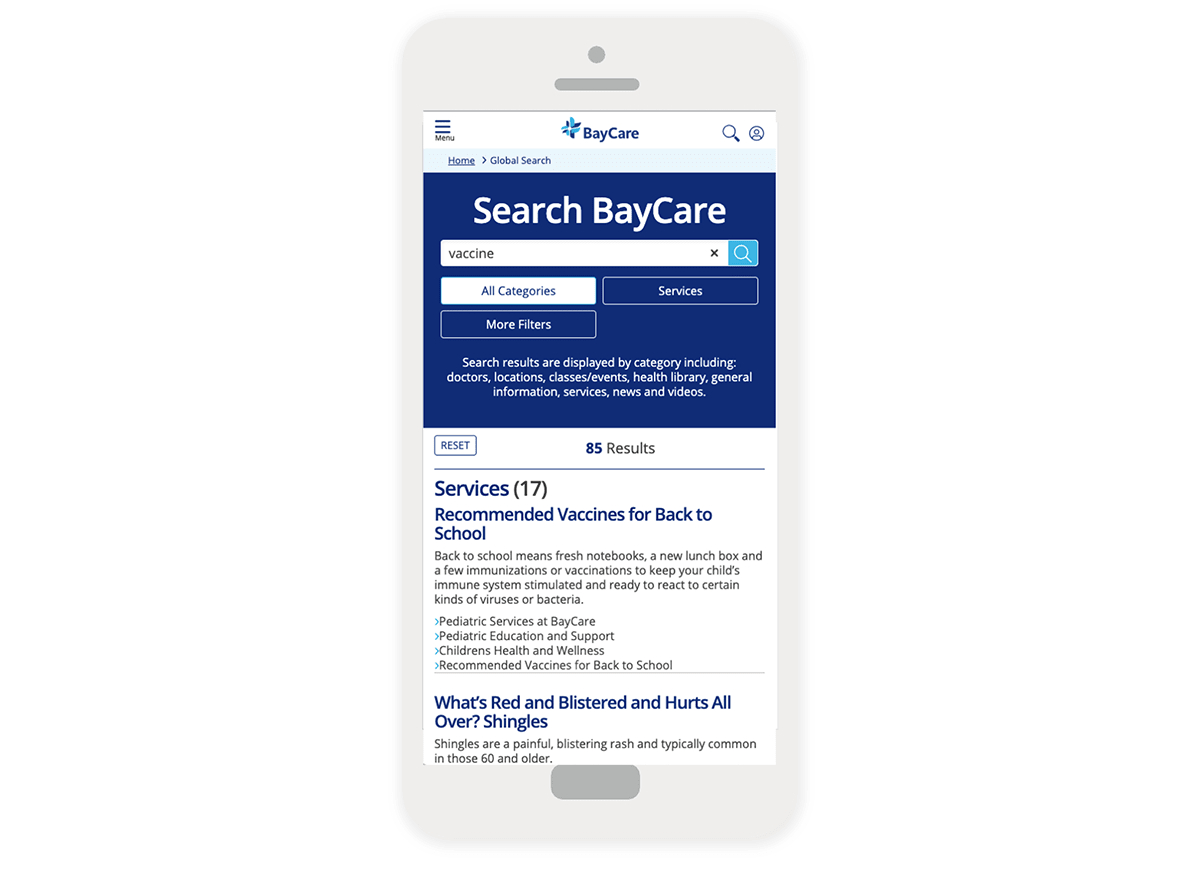 A screen capture of BayCare's mobile search results page