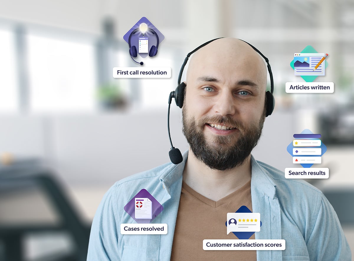 Image of a customer support agent with customer service metrics swirling around him