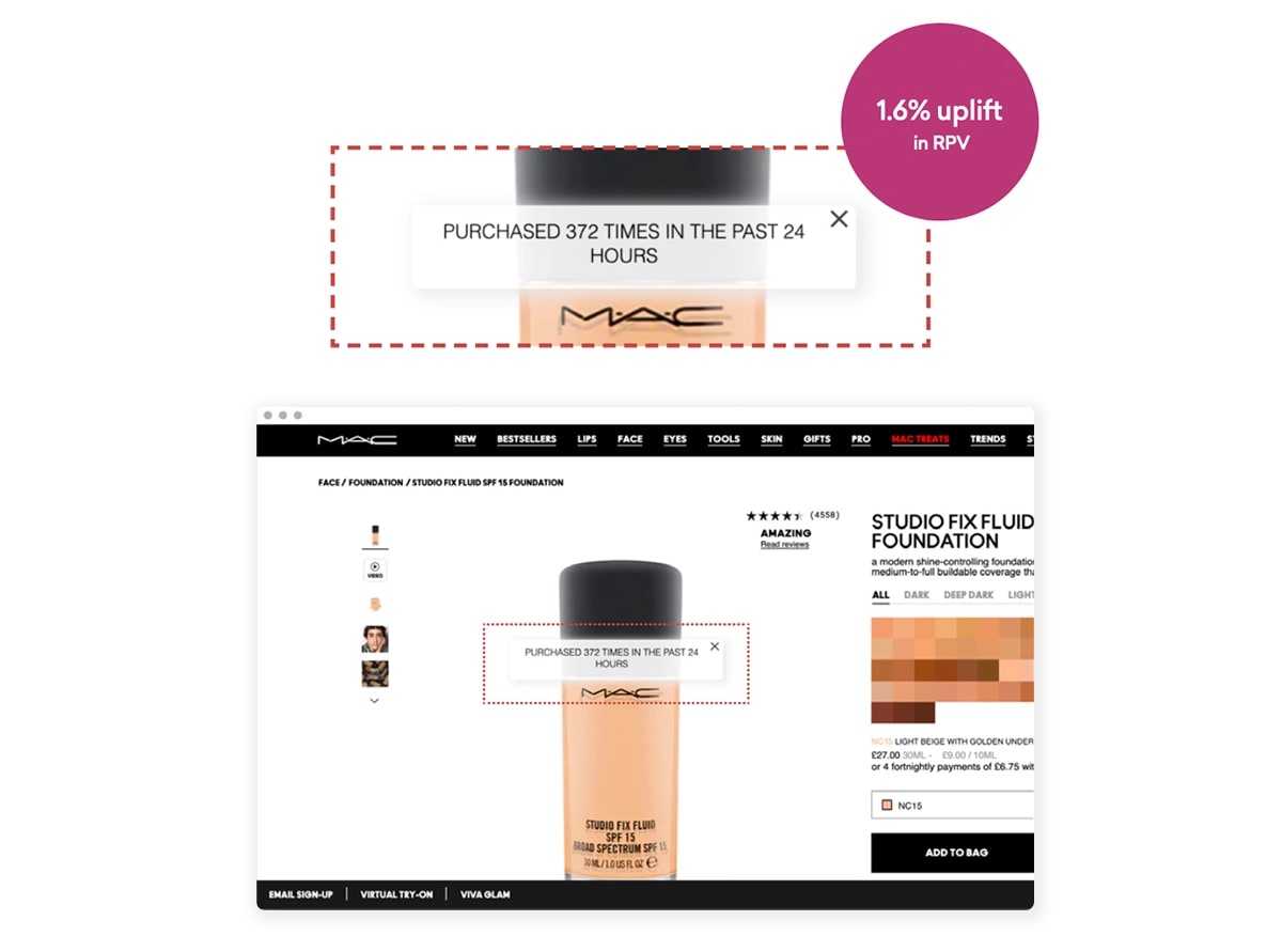 A screenshot shows a product badge that displays the popularity of a cosmetic product.