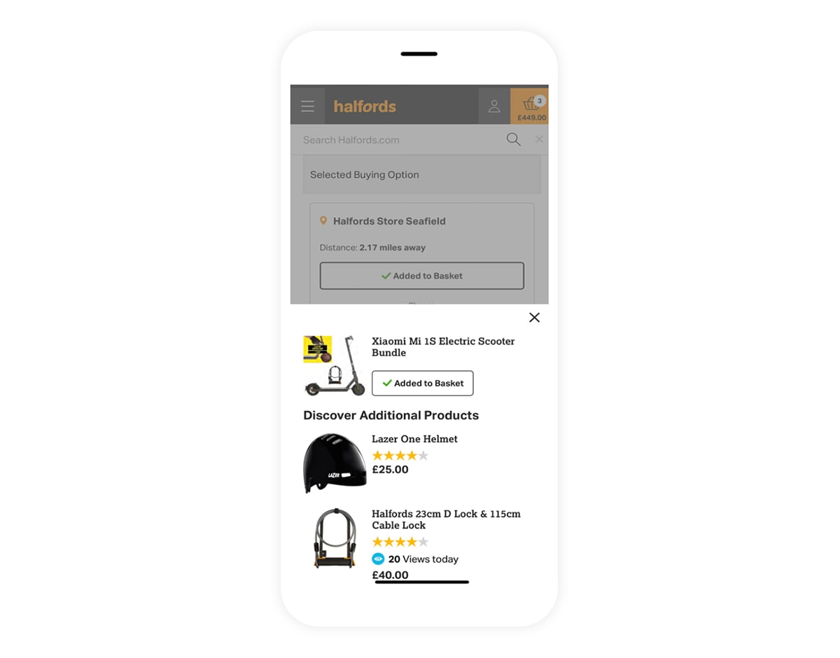 A mobile screenshot shows halfords' website, where additional related products are shown to a customer who has added something to their cart
