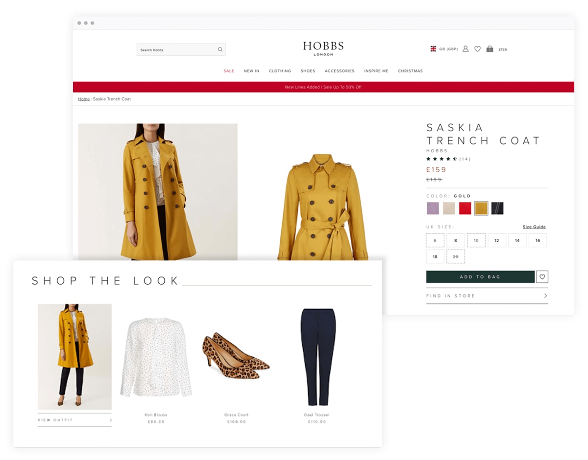A screenshot shows an example of 'Shop the Look' on clothing retailer Hobbs' website