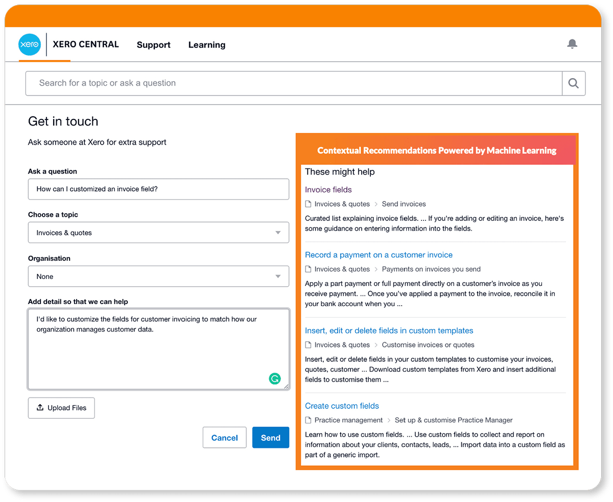 A screenshot shows Xero’s case submission portal with recommended content related to the case at hand.