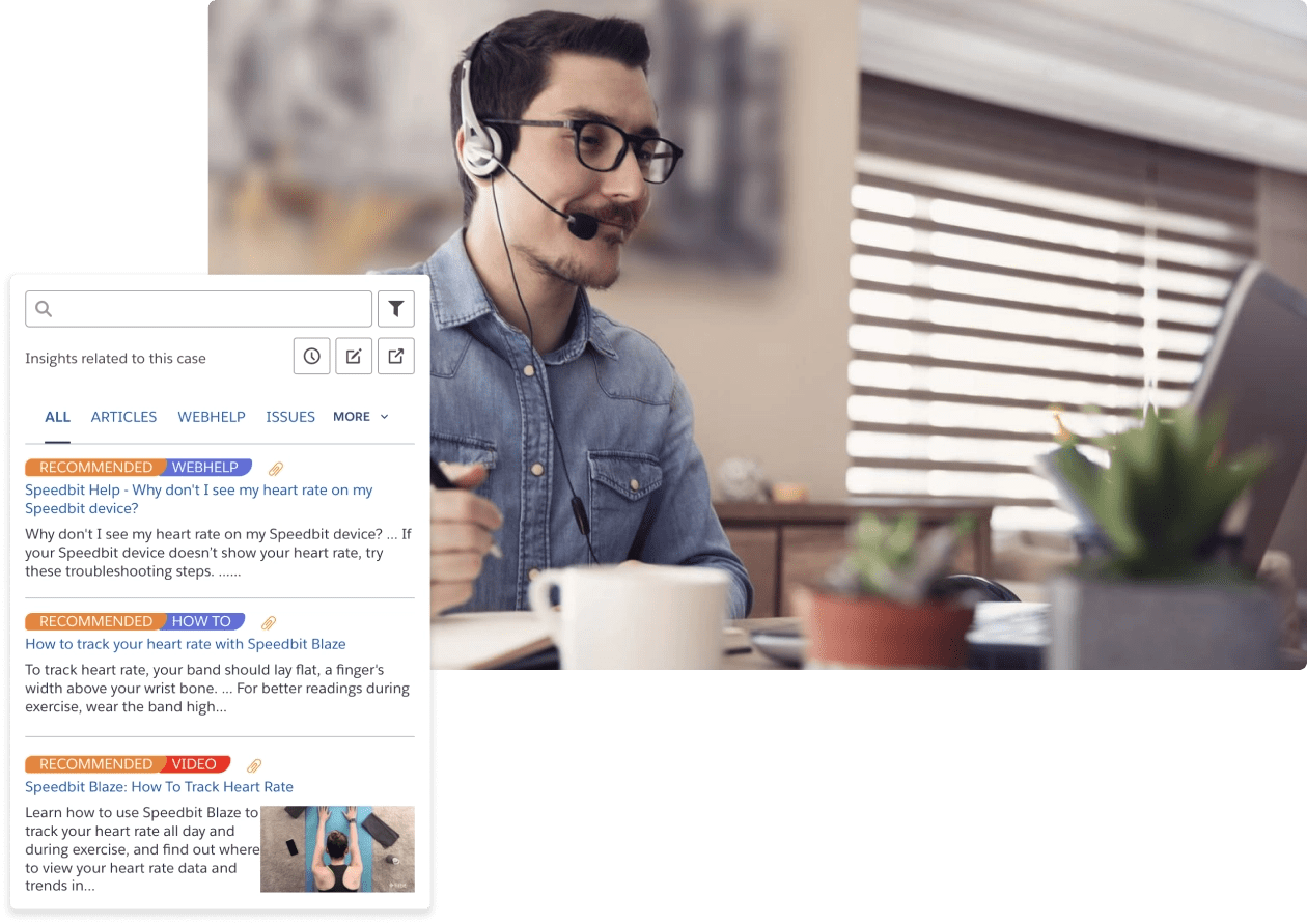 A graphic illustrates an agent interacting with an insight panel that shows relevant content useful for the case they’re currently working on.