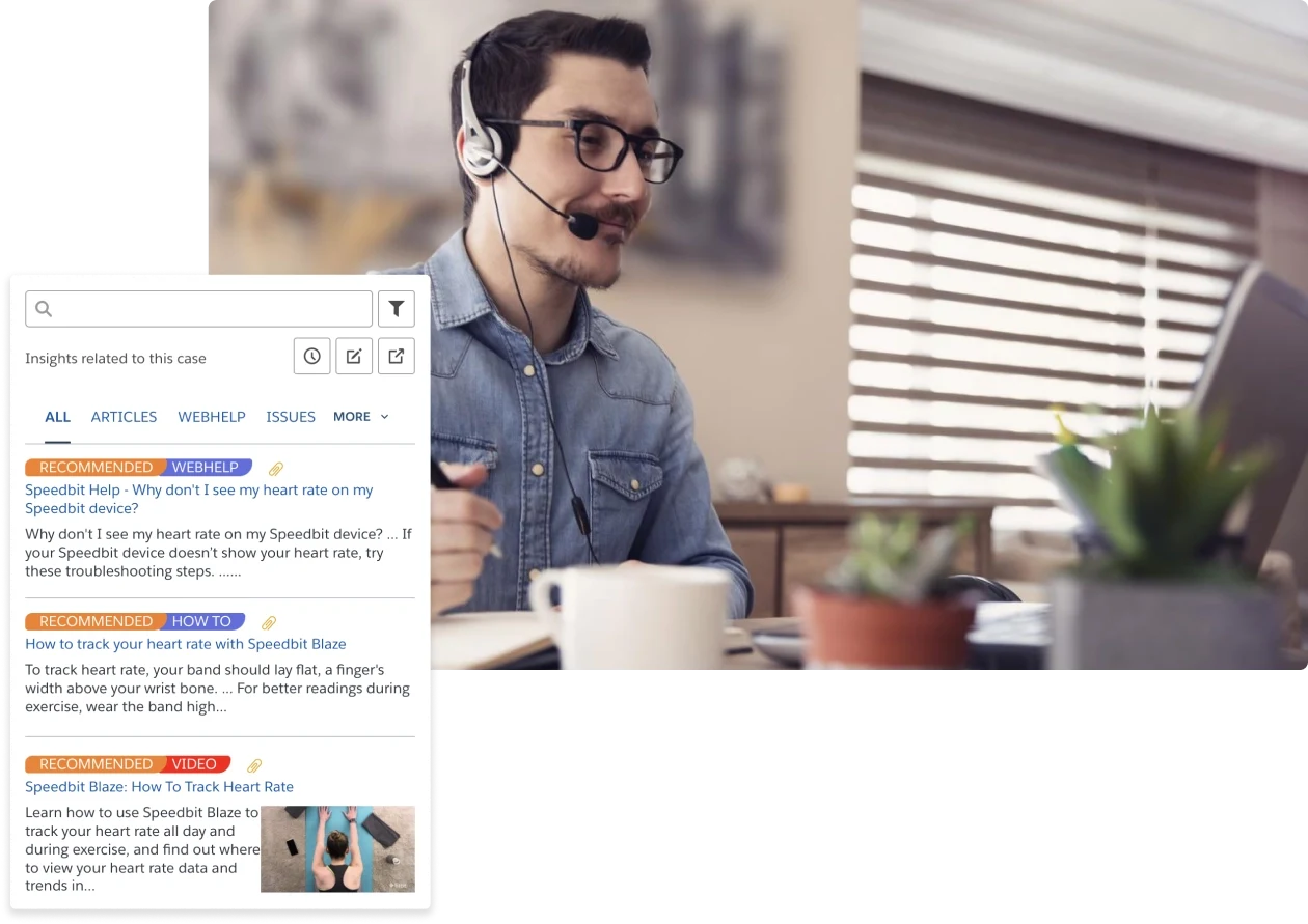 A graphic illustrates an agent interacting with an insight panel that shows relevant content useful for the case they’re currently working on.
