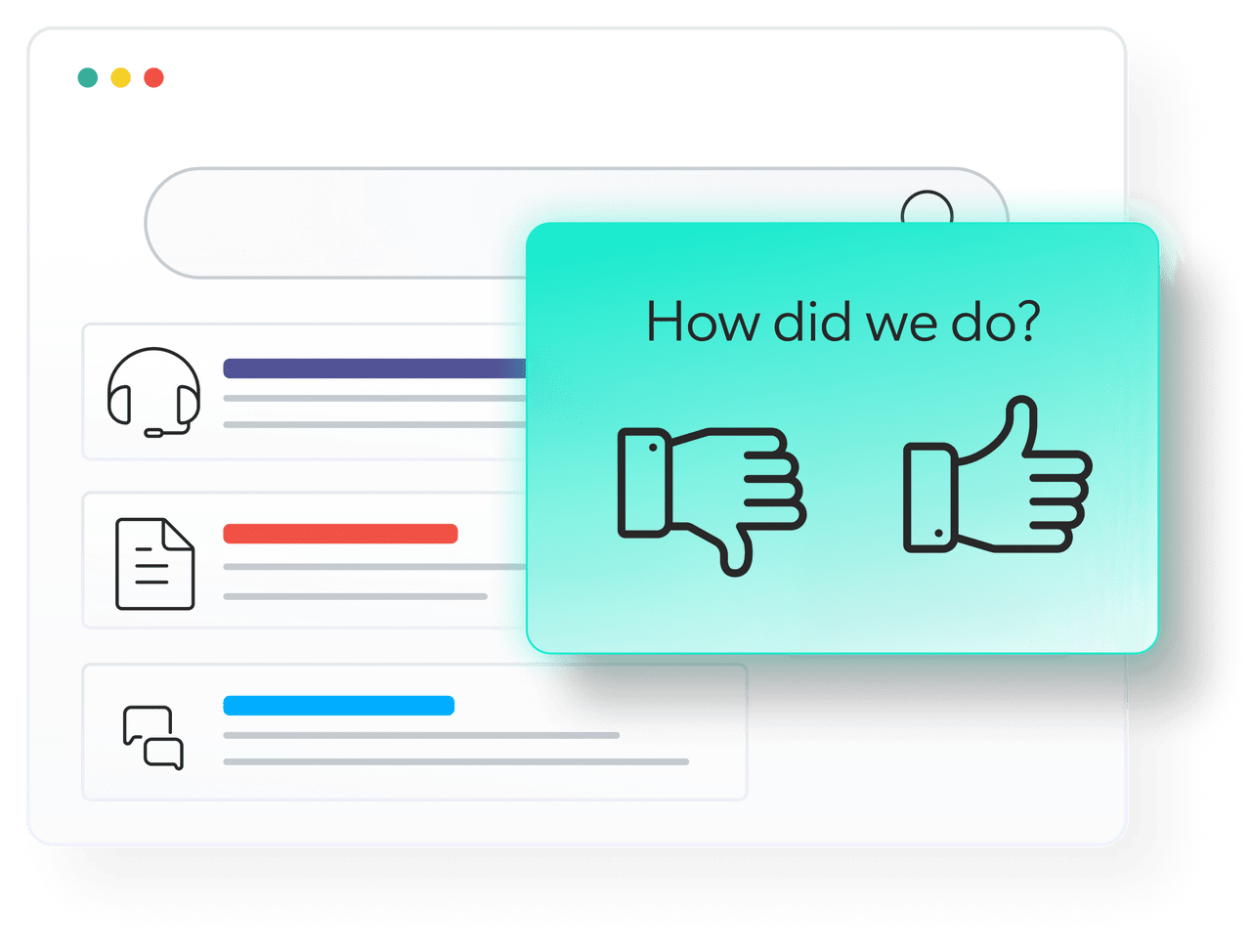 A graphic shows one way to ask for feedback, via a "how did we do" pop-up on a search-powered self-service page