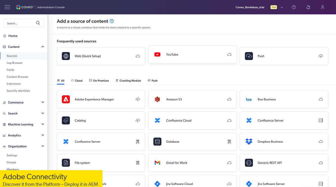 A graphic shows content source configuration in the Coveo Administrator Panel, with Adobe Experience Manager prominently displayed.