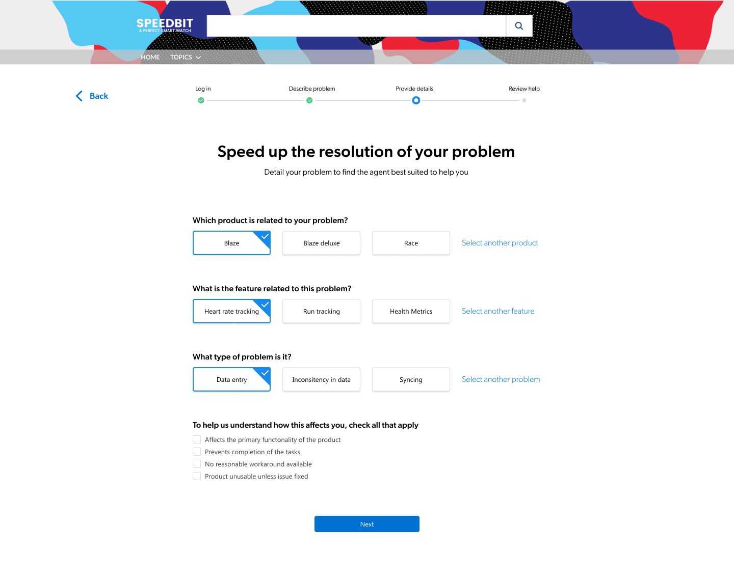 A screenshot shows curated options during a support ticket submission process