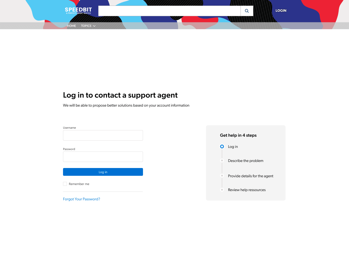 Example of a login page in a support ticket system