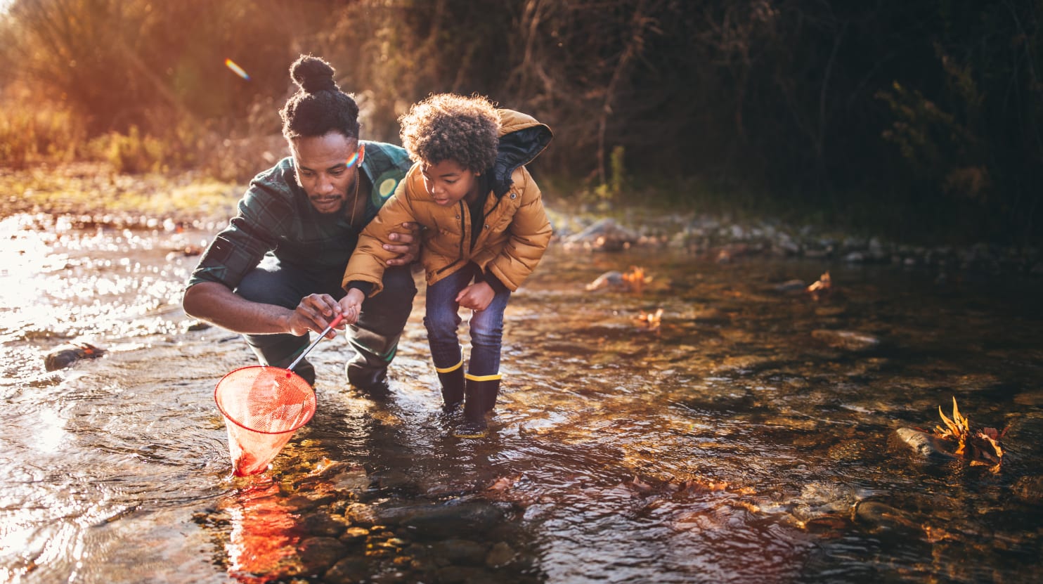 Father and son fishing with fishing net in river