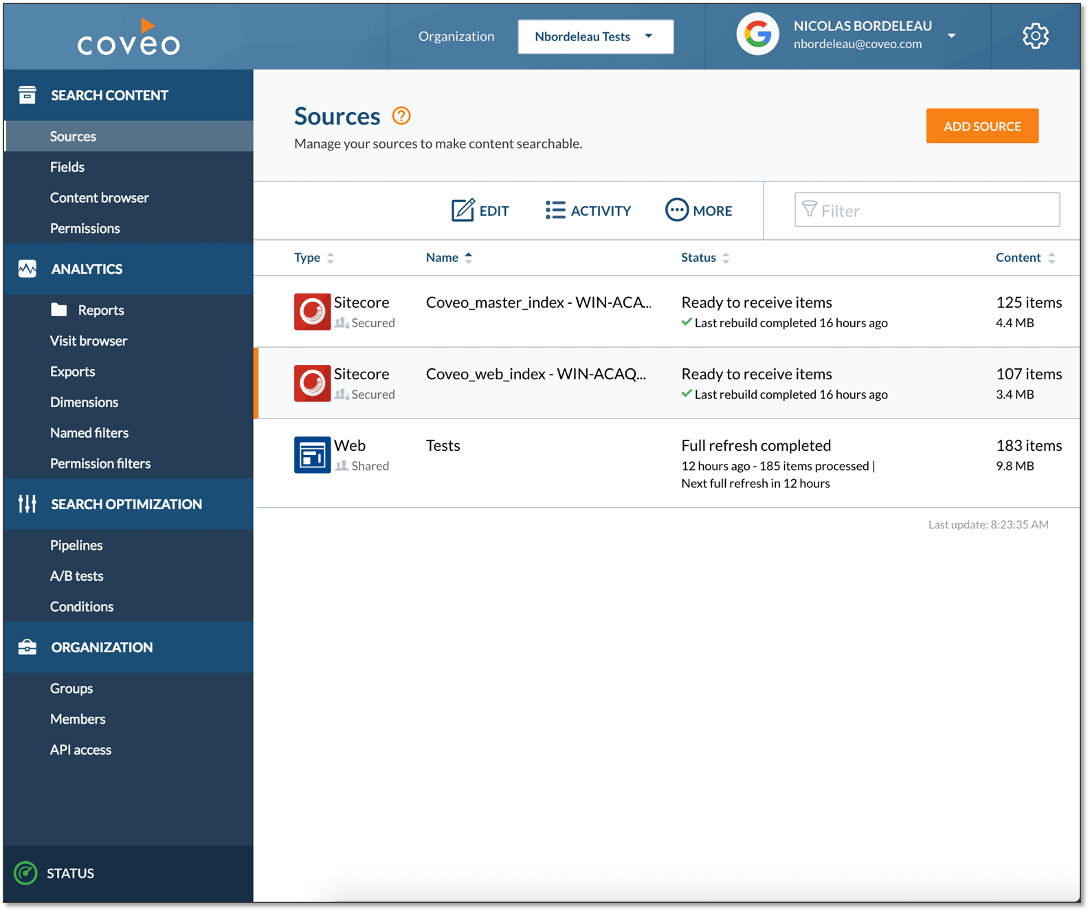 Add new sources easily with the Coveo Cloud administration console.