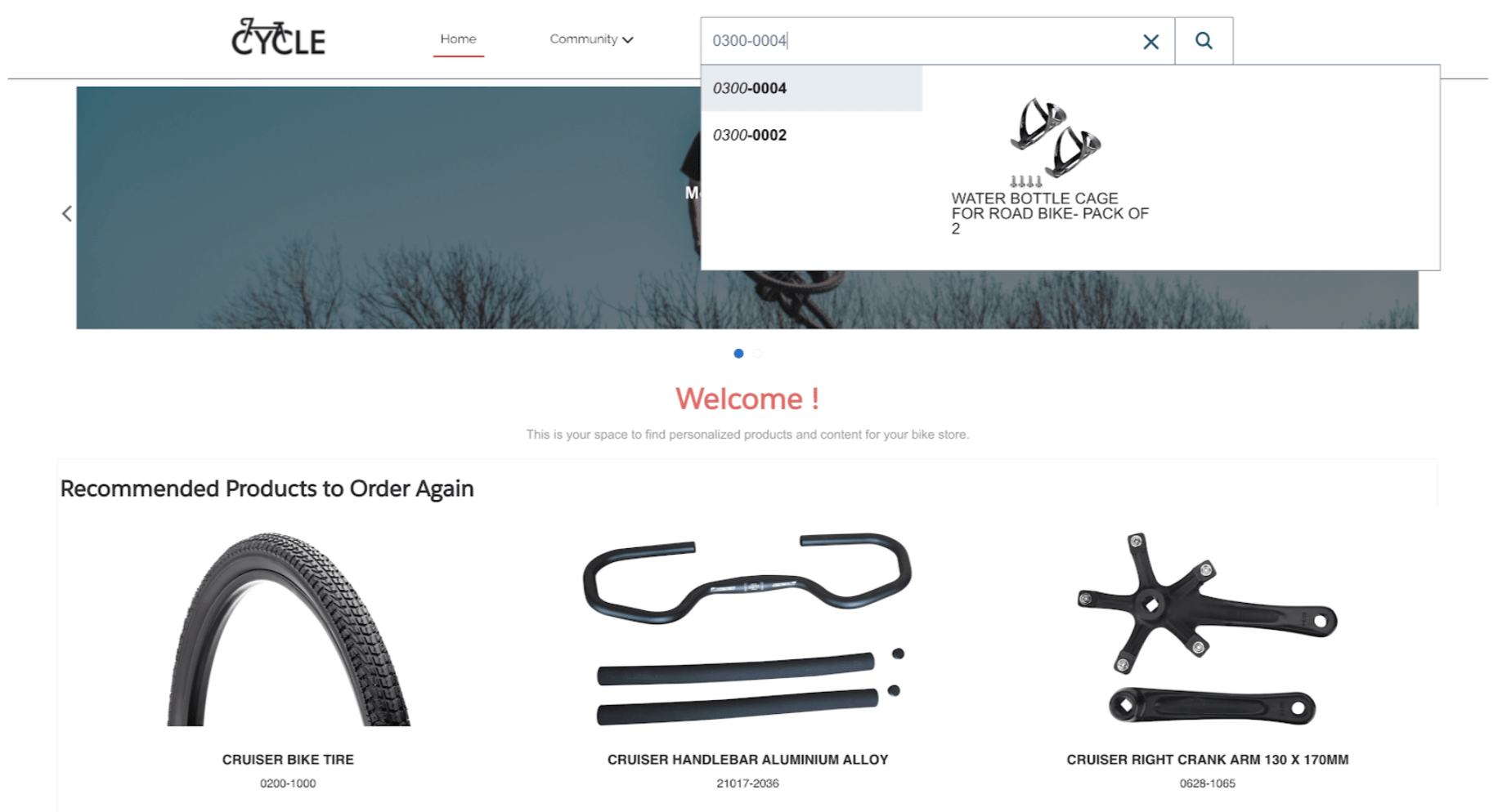 A screen capture shows a bicycle manufacturer homepage that offers a carousel of re-order choices.
