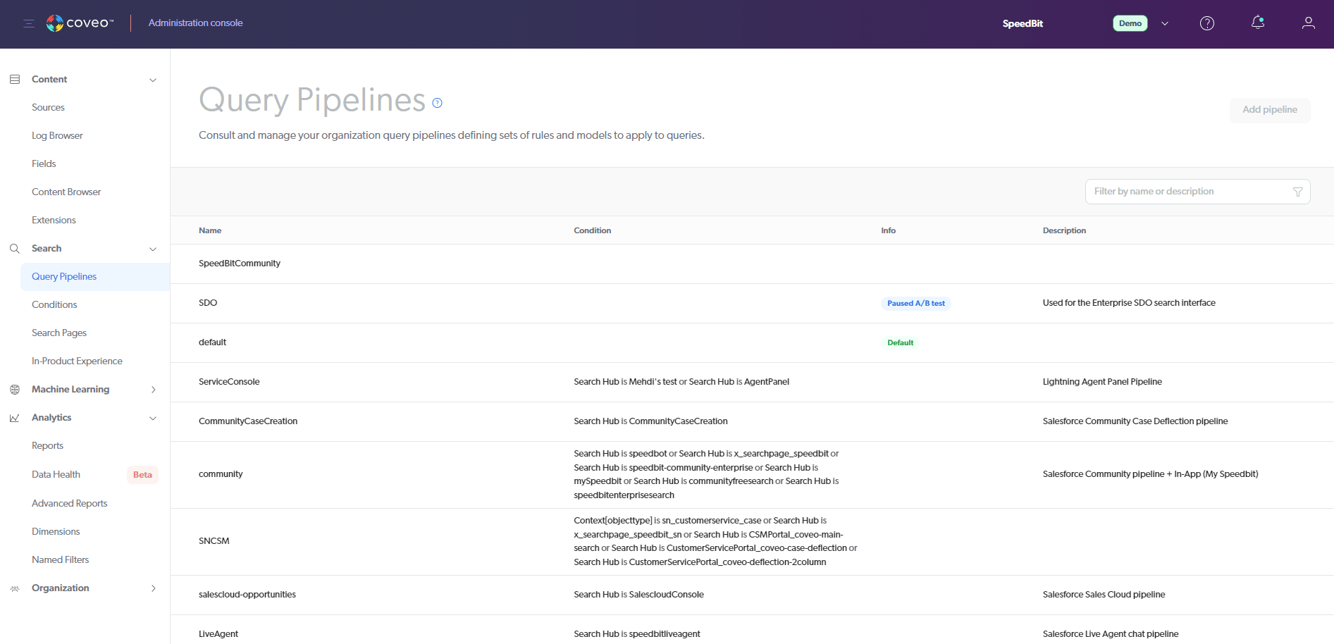 Query pipelines are found under the Search category in your admin console