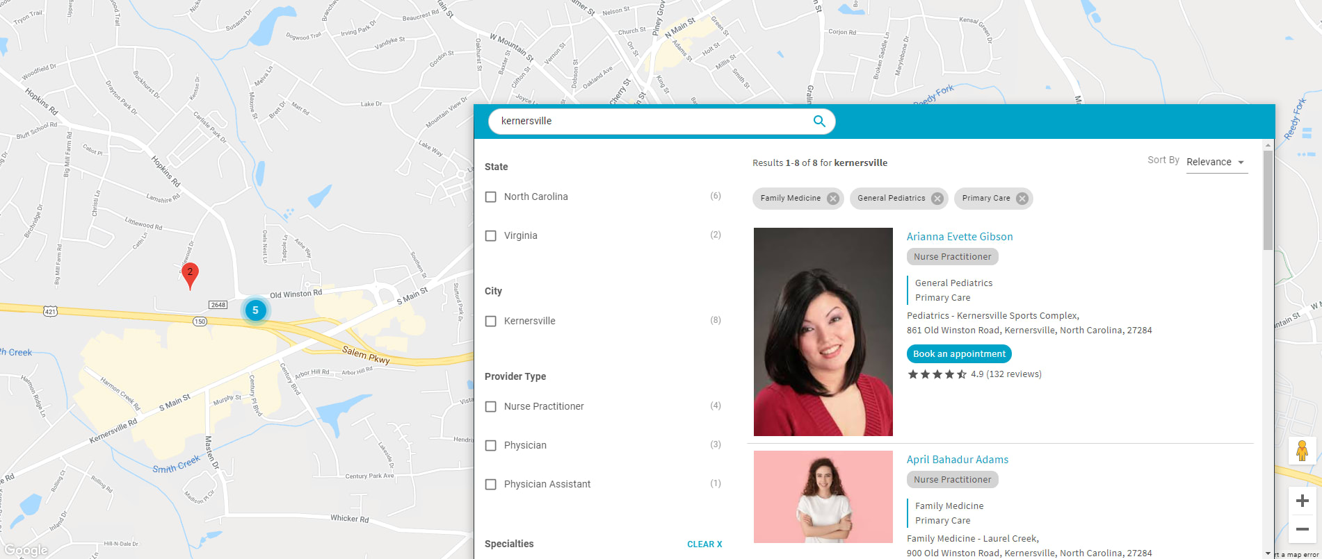 A screenshot depicts agent assist showing doctor information superimposed over a map of those doctors' locations