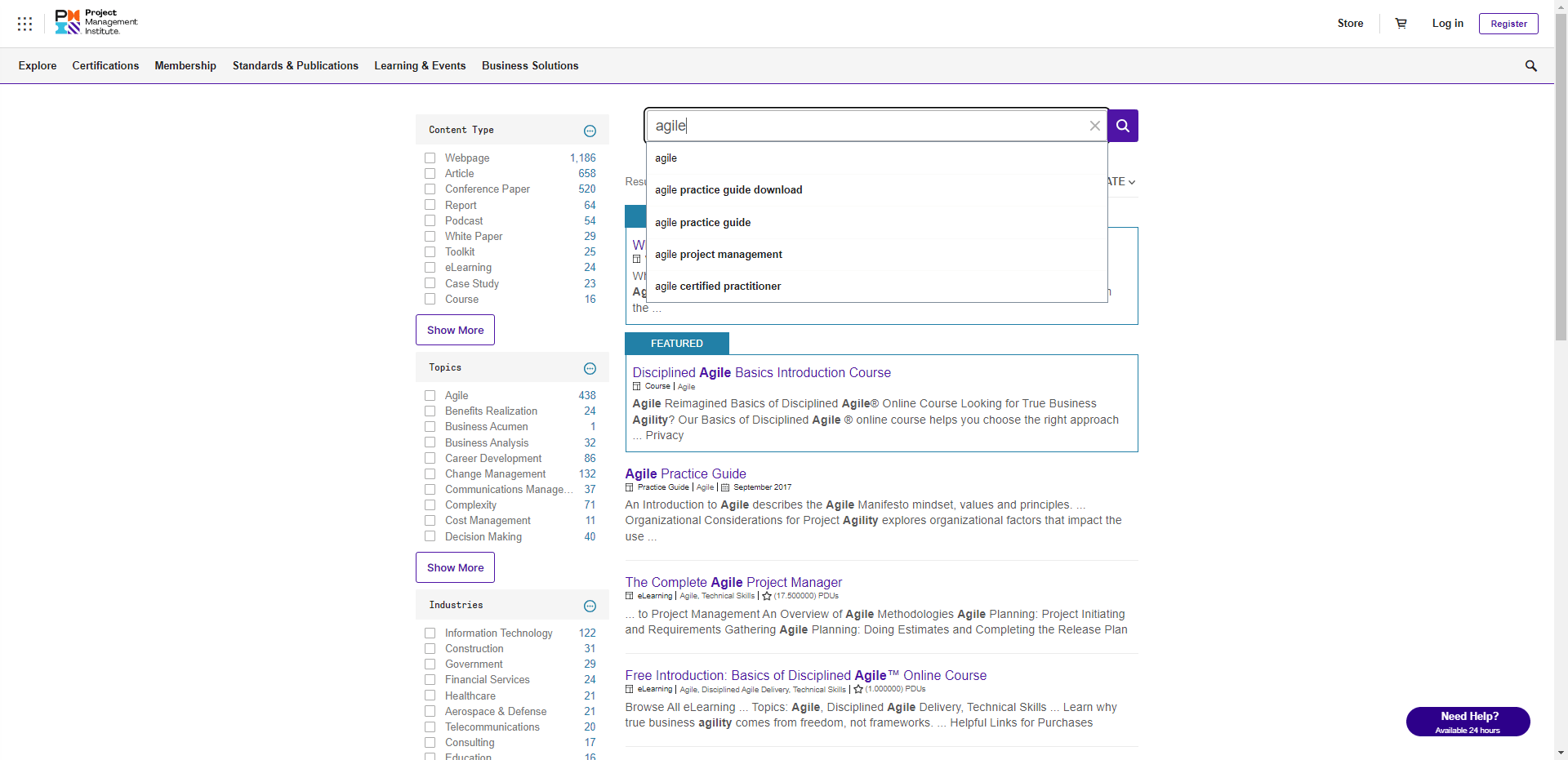 A screenshot shows a search hub from Project Management Institute’s company website.