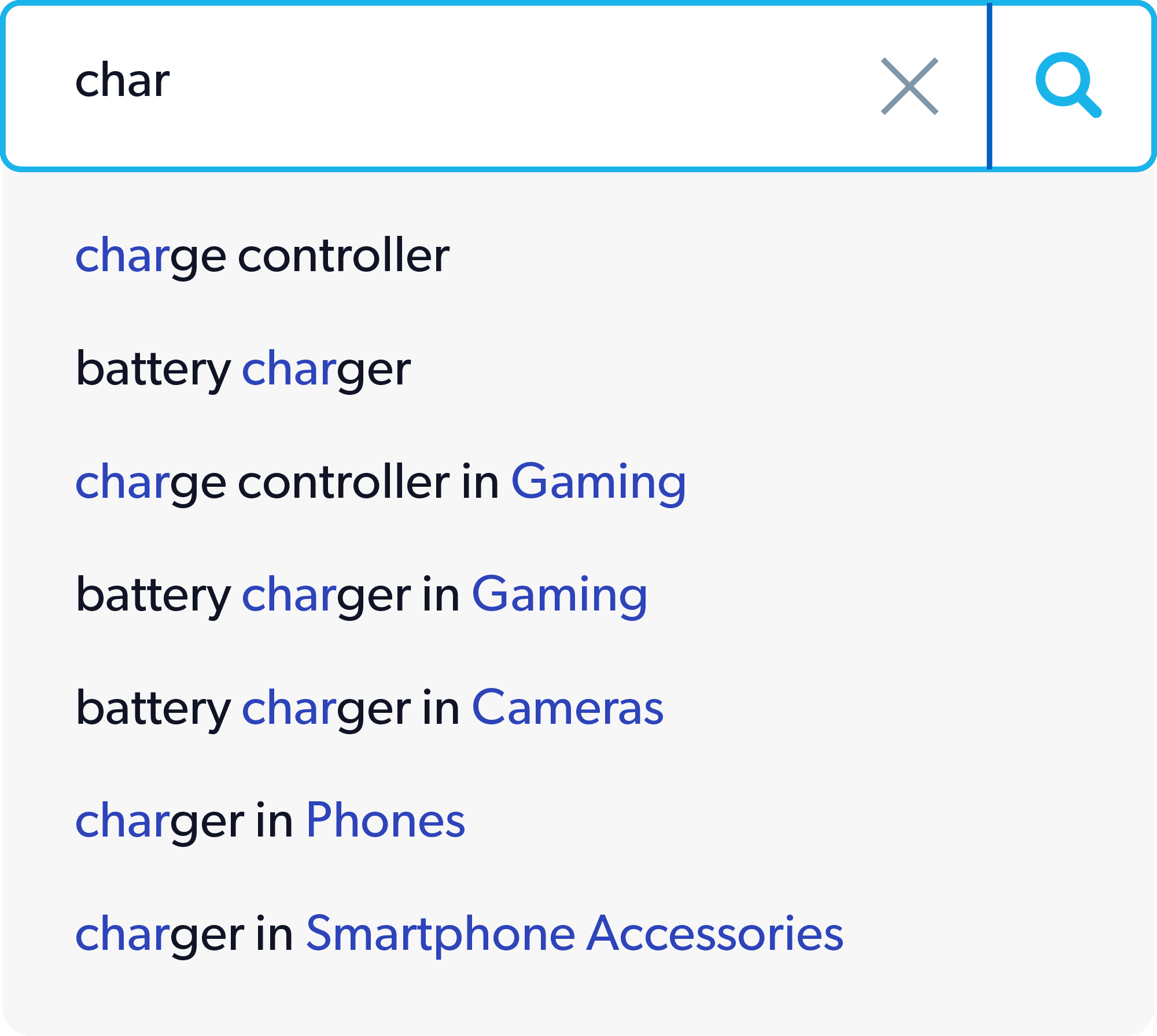 A search bar shows a drop-down set of recommendations for the term "char."
