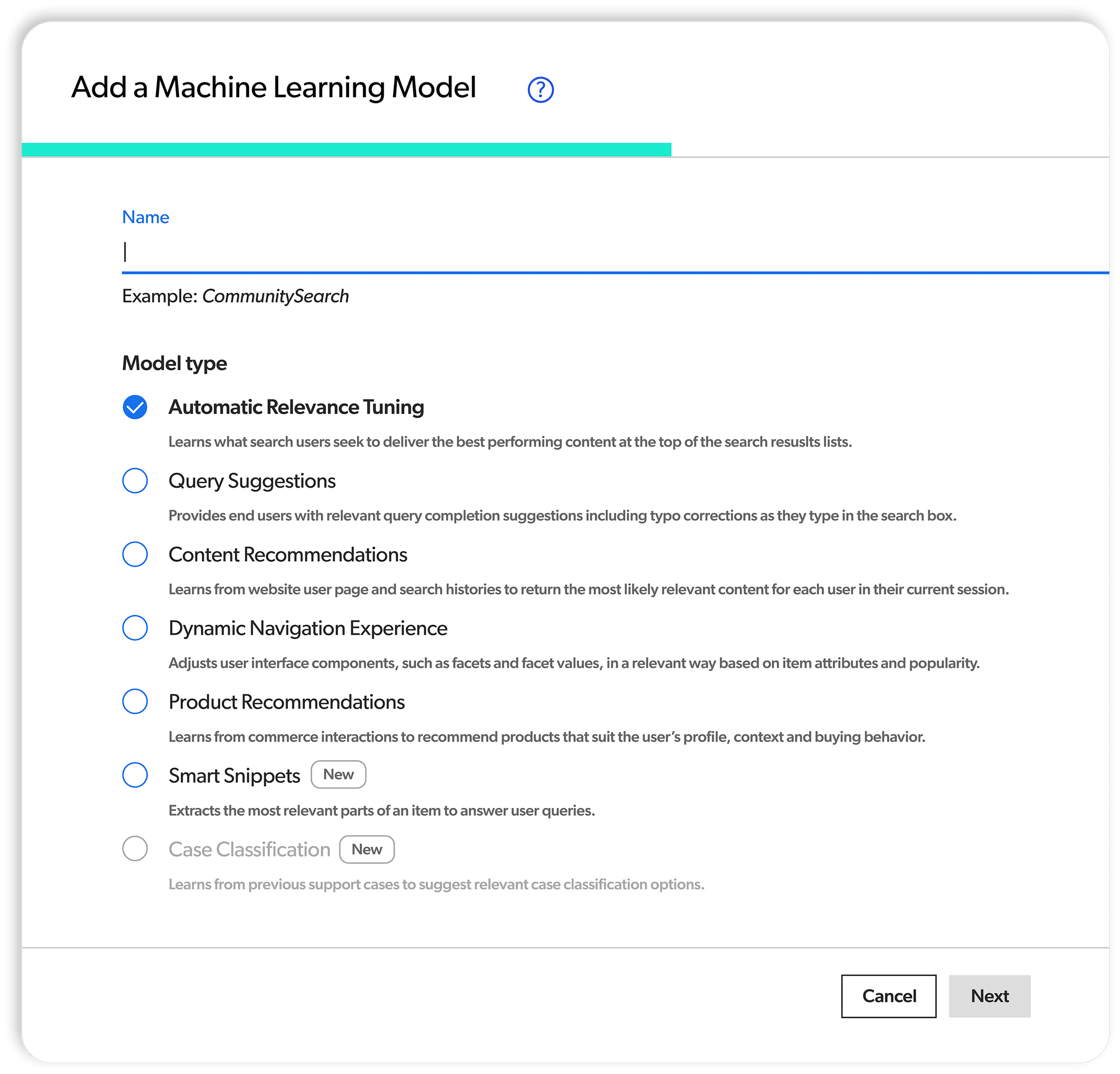 A screenshot from within the Coveo dashboard shows different OOTB machine learning models users can implement.