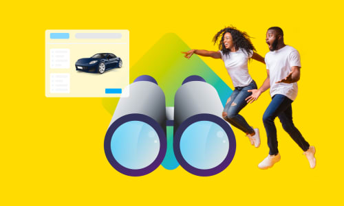 illustration of an dark-skinned man and woman searching for a car on a yellow background
