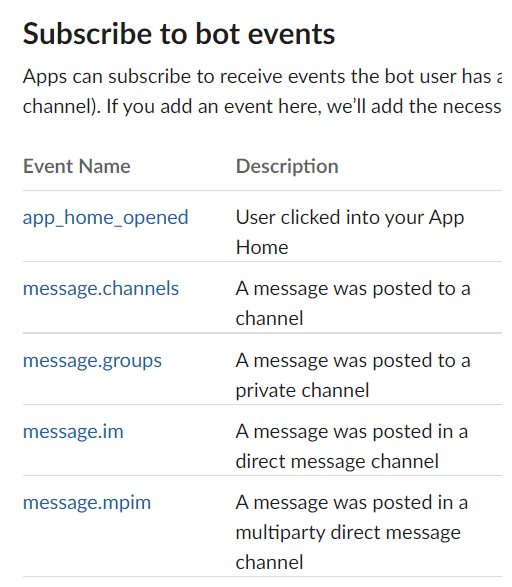 A graphic shows the form for subscribing to bot events in Slack.