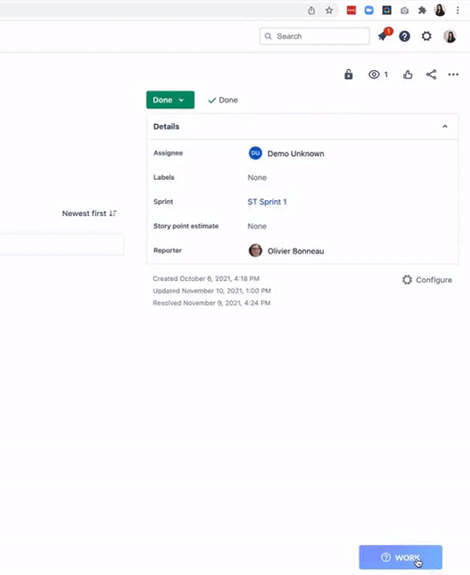 A GIF screenshot shows a user interacting with a Chrome browser extension inside Jira.