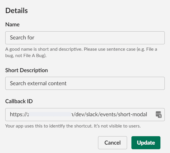 A graphic shows how to configure the callback_ID in Slack settings