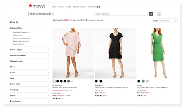 Faceted search example on Macy's website