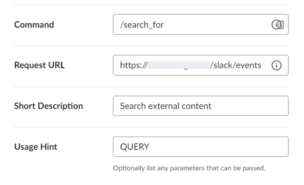 A graphic shows a form to fill out when creating a forward slash command in Slack.