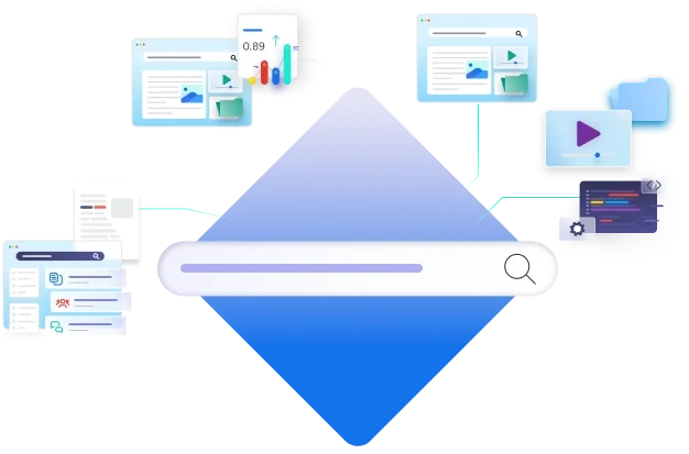 A giant diamond with a search bar is in the center of the screen. Surrounding it are smaller illustrations that depict the concept of unified search, where separate content repositories are centrally indexed.