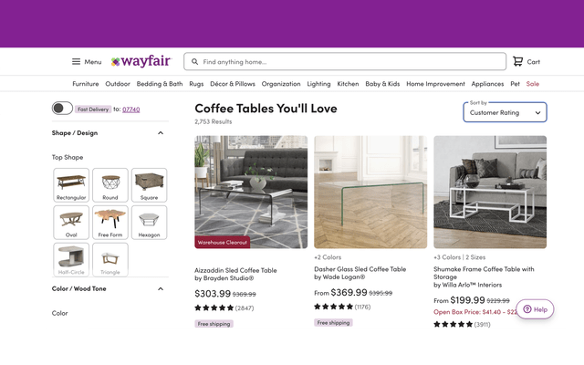 An example of Top Rated Recommendations - depicting three coffee tables with 5 stars each.
