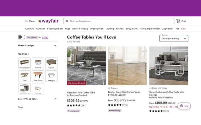 An example of Top Rated Recommendations - depicting three coffee tables with 5 stars each.