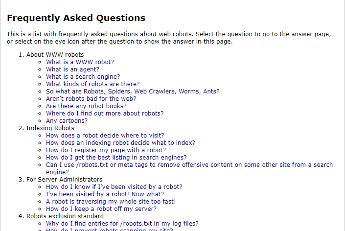 A screenshot shows a list of frequently asked questions about Robots.txt