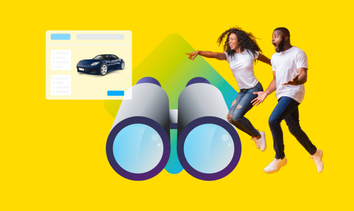 illustration of an dark-skinned man and woman searching for a car on a yellow background