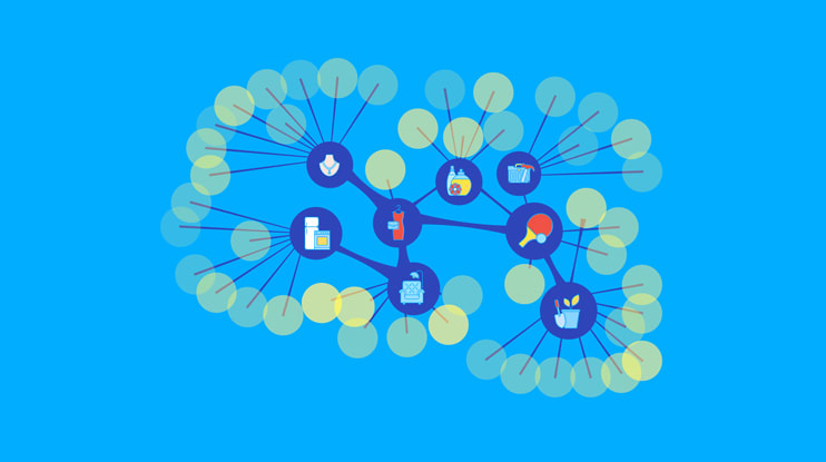 Semantic search is visualized in an image showing products connected by neurons