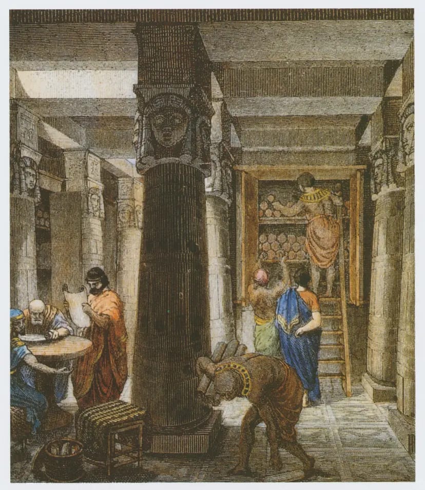 An illustration depicts the Library of Alexandria, one of the first sources of information retrieval