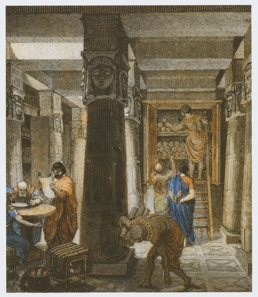 An illustration depicts the Library of Alexandria, one of the first sources of information retrieval