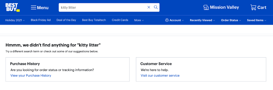 A screenshot shows how Best Buy provides routes to 'purchase history' and 'customer service' as resolutions for a no-result page
