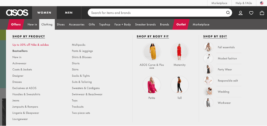 A screenshot shows ASOS layering in facets and filters to make searching more intuitive