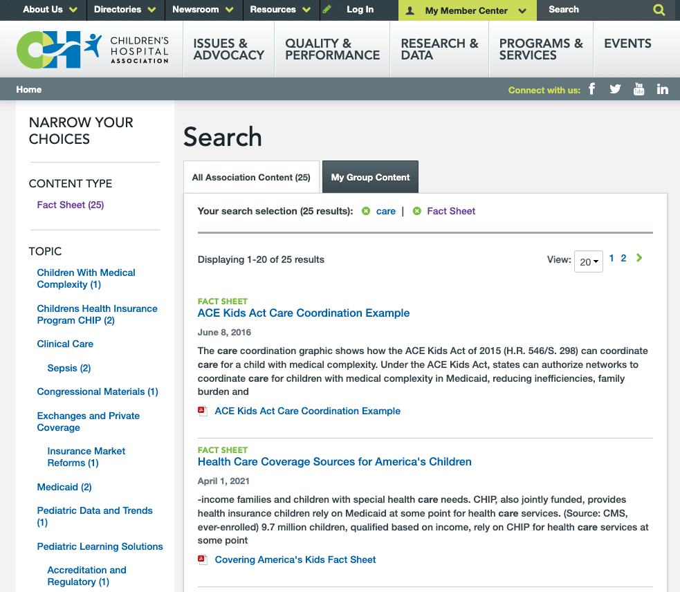 A screen capture of Children's Hospital's search results page
